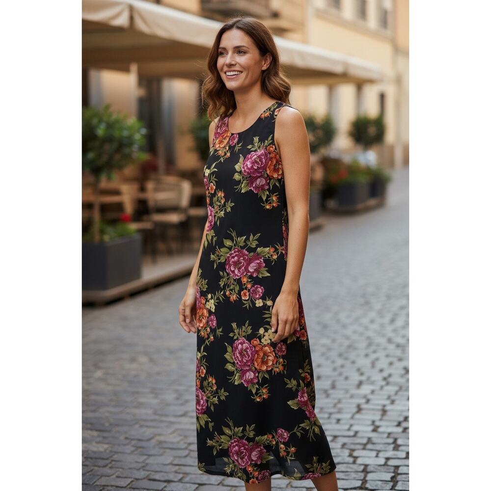 Vintage 90s Olivia Rose Floral Maxi Dress Black‎ Sleeveless Size 14P - Picture 9 of 9